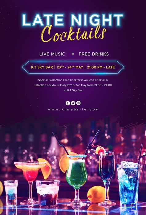 Happy Hour Cocktails Poster, Cocktail Promotion Poster, Pub Poster Design, Bar Poster Design Ideas, Club Promotion Poster, Bar Opening Poster, Bar Promotion Ideas, Restaurant Promotion Poster, Neon Poster Design