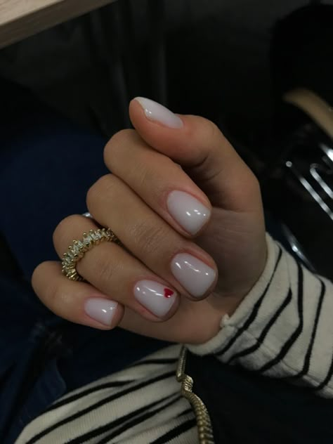 Milk White Nails With Heart, Milky White With Hearts Nails, Milky White Nails Red Heart, Short White Nails With Red Heart, Small Red Heart Nails, Small Heart Design Nails, Milky White Nails Valentines, Milky White Nails With Red Hearts, White Nails With Small Design