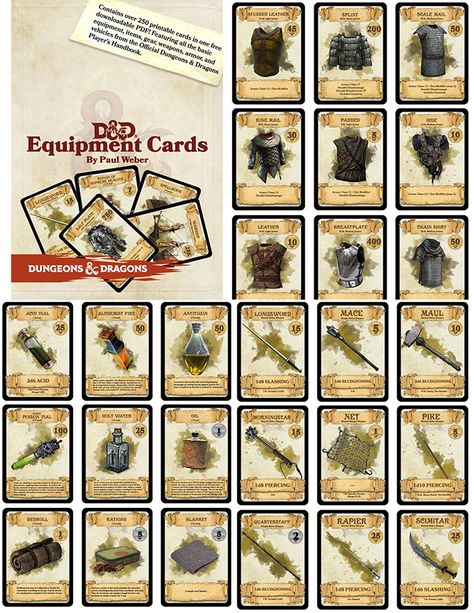 CHAMPIONS! This is an amazing job made by Paul Weber: over 300 printable cards in one free PDF, the cards contain all the basic equipment, gear, and items from the Official D&D Player’s Handboo… Card Printable, Dungeons And Dragons Free Printable, Dungeons And Dragons Printables, D&d Printables, Dungeons And Dragons Cards, Dnd Equipment Sheet, Dnd Spell Cards Template, Dnd Item Cards Template, Card Game Design