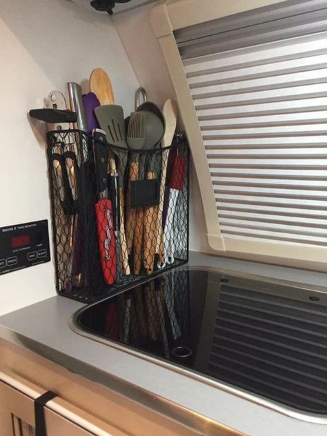 Rv Cooking Utensil Storage, Camper Silverware Storage, Rv Organization Ideas, Rv Must Haves, Camper Organization Rv Living, Camper Organization Travel Trailers, Camper Redo, Trailer Organization, Trailer Storage