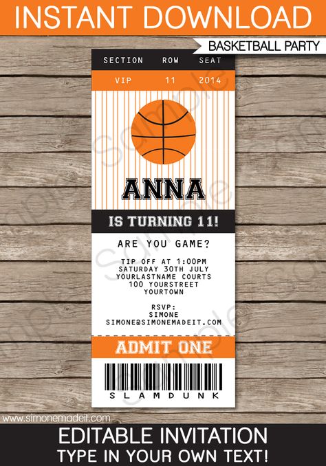 Basketball Birthday Party Invitations, Ticket Invitation Template, Basketball Party Decorations, Basketball Birthday Invitations, Basketball Invitations, Purple Text, Basketball Theme Party, Basketball Tickets, Soccer Birthday Parties