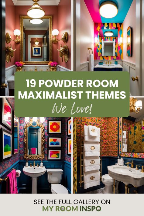 Explore 19 captivating maximalist powder room themes with bold colors, unique textures, and gorgeous accessories. This pin highlights decor inspiration using four different and stunning images that promise to enhance your cozy space. Fuchsia Bathroom Ideas, Katie Kime Wallpaper Bathroom, Maximalist Restroom, Milton And King Wallpaper Bathroom, Small Bathroom Ideas Maximalist, Crazy Powder Room, Funky Toilet Room, Fun Powder Bathroom, Funky Half Bath