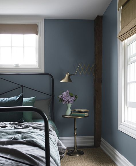 Relaxing Bedroom Colors - Benjamin Moore's Black Pepper 2130-40. Via @benjamin_moore Bedroom Paint Colors Benjamin Moore, Boys Bedroom Paint Color, Soothing Bedroom Colors, Relaxing Bedroom Colors, Blue Bedroom Paint, Blue Bedroom Colors, Calming Bedroom Colors, Calm Bedroom, Exposed Wood Beams