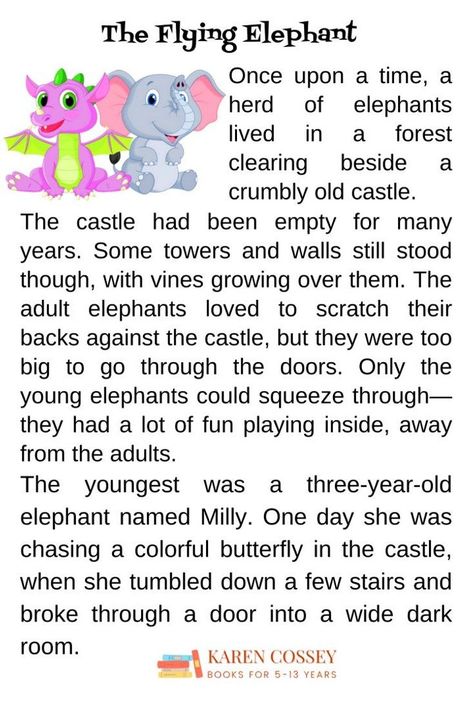 Here's an excerpt from one of 8 fun short stories that your 8 year olds and younger will love. The paperback verison comes with 24 bonus coloring pages making it suitable for classroom reading and writing resources. Very Short Stories, Free Short Stories, English Stories For Kids, English Short Stories, Moral Stories For Kids, Best Short Stories, Flying Elephant, Kids Part, Short Stories For Kids