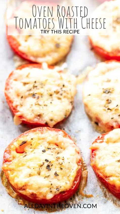 Sliced oven roasted tomatoes with cheese on a baking sheet Roasted Sliced Tomatoes, Oven Roasted Tomatoes With Mozzarella, Baked Tomatoes With Cheese, Oven Side Dishes, Oven Baked Tomatoes, Baked Tomatoes With Mozzarella, Baked Tomato Slices, Baked Side Dishes, Tomatoes With Mozzarella