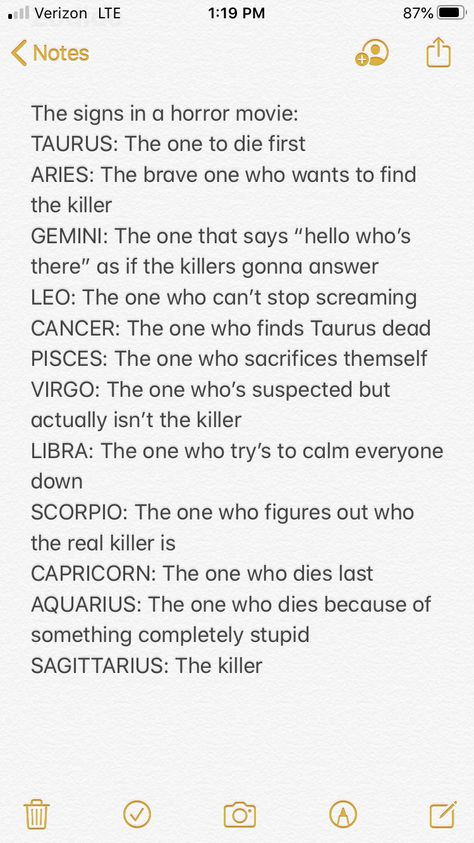 Zodiac Sign Scenarios, The Signs In A Horror Movie, Zodiac Signs In Horror Movie, Zodiac Signs Scenarios, Zodiac Signs In Movies, Zodiac Signs As Friends, Zodiacs In A Horror Movie, Zodiac Sign Best Friends, Loner Quotes Truths