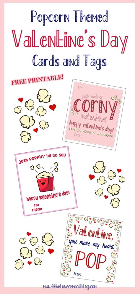 These popcorn gift tags and cards can be printed and attached to bags of popcorn as an easy Valentine's idea that is perfect for teachers, friends, neighbors, and themed gift boxes. Popcorn Puns Valentines Day, Free Popcorn Valentine, Valentines Popcorn Printable, Have A Poppin Valentines Free Printable, Just Popping By Printable Popcorn, Poppin Valentine Printable, Popcorn Tags Printable Free, Popcorn Valentines Printable Free, Valentine Popcorn Ideas