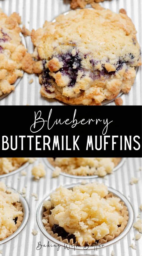 These blueberry buttermilk muffins are fluffy, flavorful, and moist. Bursts of juicy blueberry are dotted throughout a soft and fluffy muffin base. These fluffy muffins are full of flavor and texture and make a delicious breakfast or snack. They are big, bright, and bold, with a moist texture and crisp muffin top thanks to the streusel topping. You can use fresh blueberries or frozen blueberries in this recipe to make them all year round. Blueberry Buttermilk Muffins, Banana Muffin Recipes, Frozen Blueberry Muffins, Streusel Topping For Muffins, Muffin Base, Buttermilk Blueberry Muffins, Easy Muffin Recipes, Muffin Cups Recipes, Buttermilk Blueberry