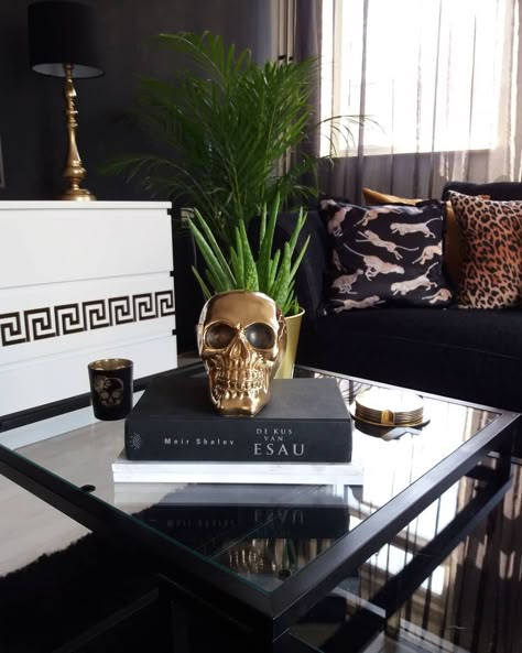 Skull Interior Design, Skull Table Decor, Goth Coffee Table Decor, Gothic Coffee Table Decor, Moody Coffee Table Decor, Dark Glam Living Room, Skull Living Room, Gothic Coffee Table, Witchy Office