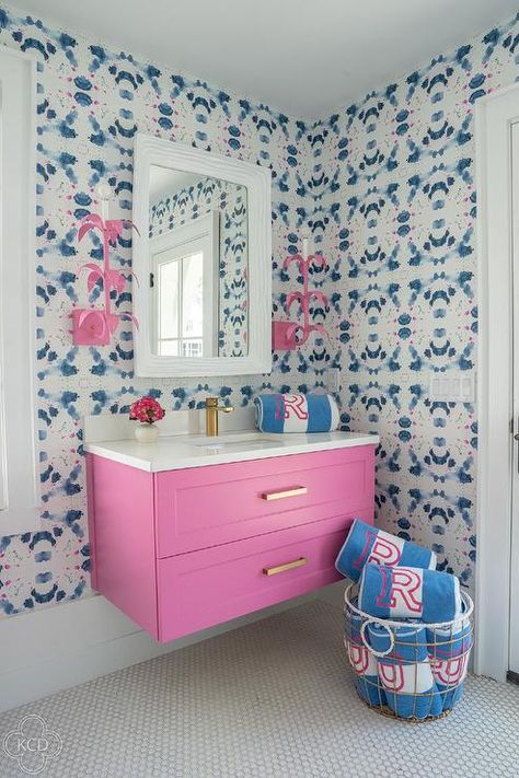 Stray Dog Designs Jen sconces flank a white faux bois mirror hung from a wall covered in Splat KR Wallpaper. Kerri Rosenthal, Bathroom Addition, College House, Preppy Room, Bathroom Inspiration Decor, Girls Bathroom, Dream House Interior, Bathroom Inspo, Dream Bathroom