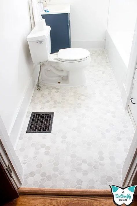 Mosiac Tile Hexagon Bathroom, Ikea Bathroom Remodel, Install Vinyl Sheet Flooring, How To Install Vinyl Sheet Flooring, Vinyl Tile Bathroom, Vinyl Bathroom Flooring, Vinyl Flooring Bathroom, Flooring Bathroom, Vinyl Sheet Flooring