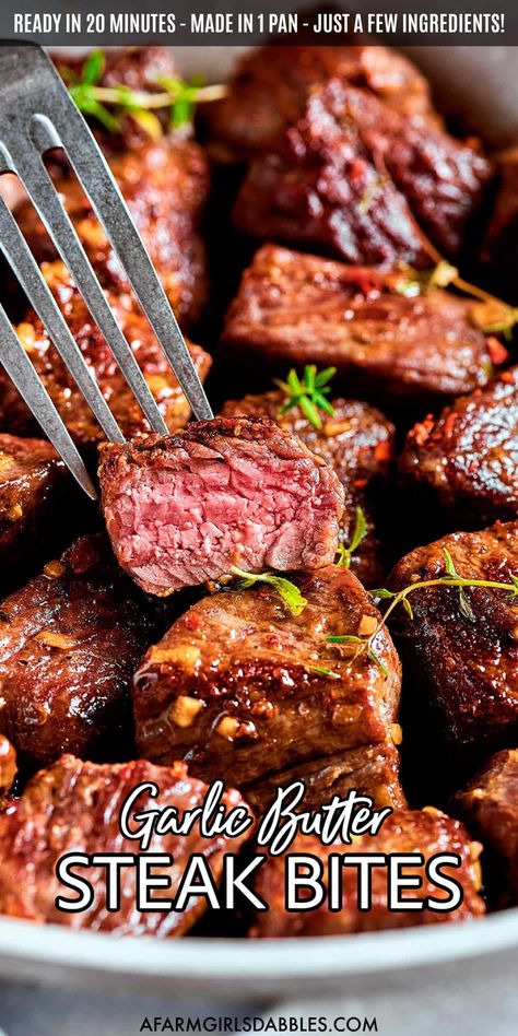 This Garlic Butter Steak Bites recipe comes together in just 20 minutes, in one skillet, and with just a few ingredients. It's a quick and easy way to enjoy tender, juicy little bites of beef, in the most delicious garlic-infused, savory, buttery sauce! Butter Steak Bites Recipe, Appetizer Night, Garlic Butter Steak Bites, Butter Steak Bites, Steak Sandwiches, Steak Bites Recipe, Butter Steak, Steak Tips, Tender Steak