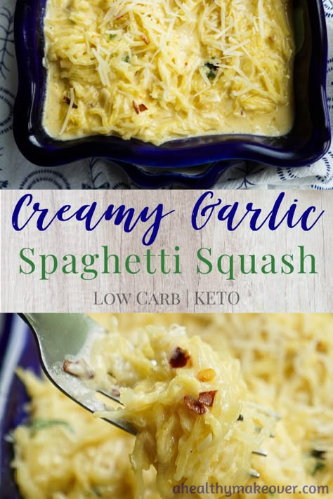 Creamy Garlic Spaghetti Squash | A Healthy Makeover Zucchini Spagetti, Spaghetti Squash Recipes Chicken, Creamy Garlic Spaghetti Squash, Creamy Garlic Spaghetti, Garlic Parmesan Spaghetti Squash, Spaghetti Squash Recipes Vegan, Garlic Spaghetti Squash, Parmesan Spaghetti Squash, Healthy Squash Recipes