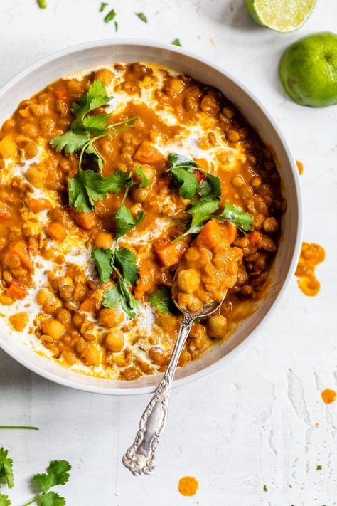 This easy Chickpea Lentil Curry takes around 45 minutes to make, is vegan-friendly and full of delicious Indian flavors. Lentils And Chickpeas, Lentils And Chickpeas Recipes, Lentil And Chickpea Curry, Chickpea And Lentil Recipes, Lentil Chickpea Curry, Chickpea Lentil Curry, Chickpea Lentil, Vegan Tikka Masala, Vegetarian Recipes For Beginners