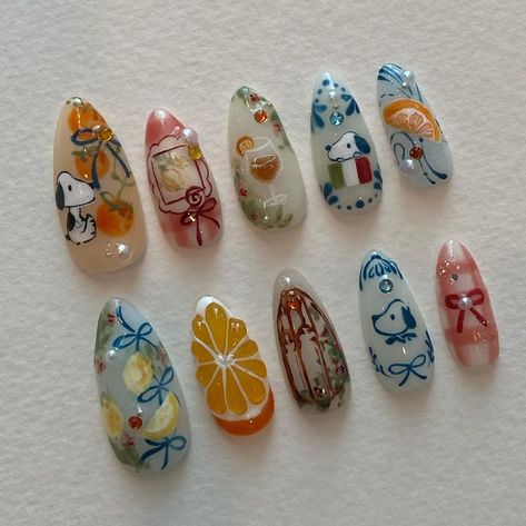 press on nails • nail design art | custom set ; snoopy’s italian summer | Instagram Summer Nails Press On, Nail Press On Designs, Italian Summer Nails, Peanuts Nails, Shrimp Nails, Snoopy Nail Art, Italian Nails, Doodle Nails, Arty Nails