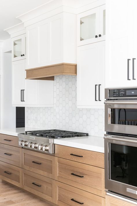 White And Wood Kitchen Black Hardware, White House Stained Columns, Pantry Backsplash Design, Kitchen With Deep Drawers, Kitchen Hood White And Wood, Cabinets With Slanted Ceiling, Light Natural Cabinets Kitchen, Kitchen Ideas Light Cabinets, White And Wood Tone Kitchen