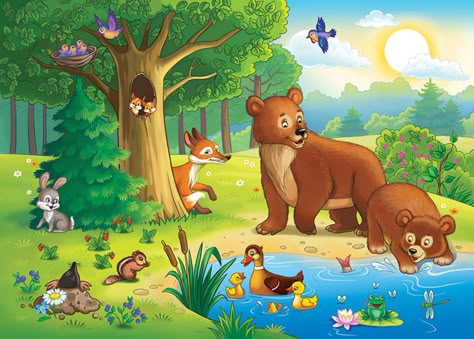 Forest Drawing With Animals, Jungle Theme Birthday Decoration, English Illustration, Diurnal Animals, Cartoon Jungle, Surreal Art Painting, Animal Pictures For Kids, Forest Cartoon, Blackboard Art