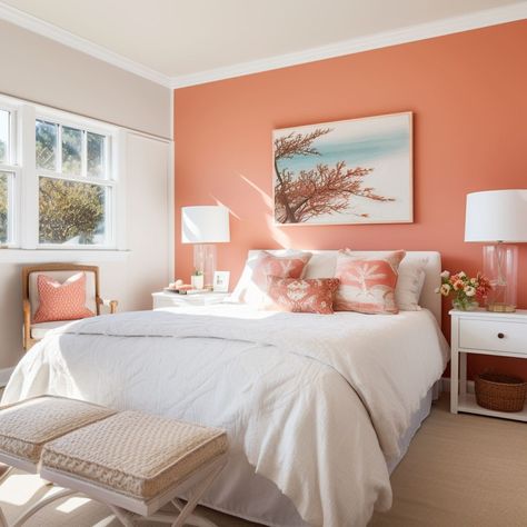 7 Colors That Go Well With Coral - Rhythm of the Home Coral And White Bedroom, Happy Colors For Bedroom, Coral Aesthetic Color, Coral Master Bedrooms Decor, Coral Beach Bedroom, Coral Room Ideas Bedrooms, Colors That Go With Coral, Coral And Grey Bedroom, Coral Paint Colors Sherwin Williams