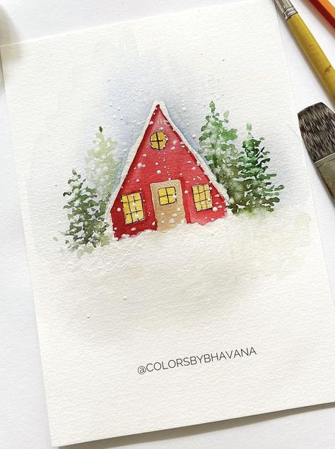 Christmas Watercolor Ideas Easy, Holiday Card Watercolor, Watercolor Art For Beginners Christmas, Easy Christmas Watercolor Ideas, Holiday Watercolor Cards, Simple Christmas Watercolor, Christmas Watercolor Ideas Xmas Cards, Aquarell Christmas Cards, Christmas Card Watercolor Ideas