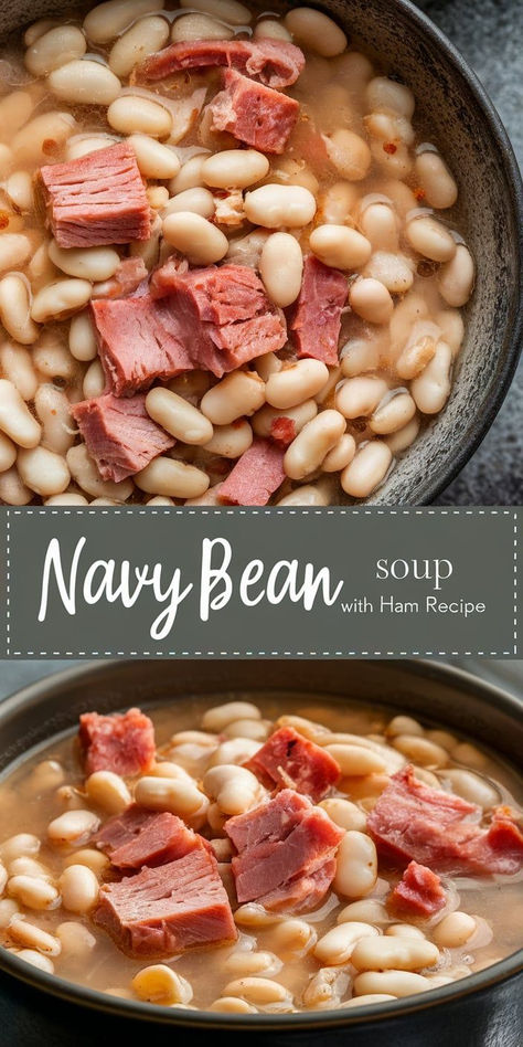 Make dinner comforting and nutritious with this Navy Bean Soup with Ham. A rich, hearty bowl of goodness that’s perfect for feeding a crowd or meal prepping. Navy Beans And Ham Soup, Southern Navy Beans And Ham, Navy Bean Soup With Ham Bone, Ham And Navy Bean Soup Recipes, Navy Beans And Ham Crockpot, Navy Bean Soup Crockpot, Ham Navy Bean Soup, Ham And Navy Beans, Navy Bean Soup With Ham