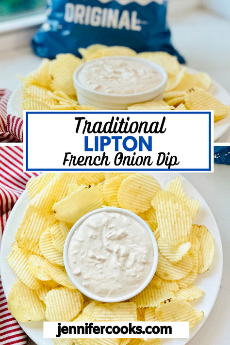 Discover the ultimate crowd-pleaser with this Traditional Lipton French Onion Dip recipe. Combining creamy sour cream with the rich flavors of Lipton Onion Soup Mix and a hint of Worcestershire sauce, this dip is perfect for any gathering. Pair it with classic Ruffles Potato Chips or crunchy carrot sticks for a delicious snack that will keep everyone coming back for more. Enjoy! French Onion Dip Mix, Party Appetizers For A Crowd, French Onion Dip Recipe, Homemade French Onion Dip, Onion Dip Recipe, Savory Dips, Tailgate Recipes, French Onion Dip, Appetizers For A Crowd