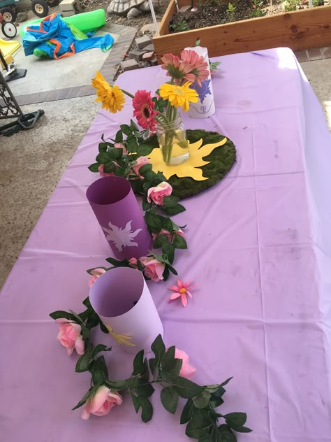 Tangled rapunzel table decor Rapunzel Table Decor, Tangled Party Table Decor, Rapunzel Table Decorations, Tangled Party Decorations, Tangled Sweet 16, Disney Princess Theme Birthday Party, Rapunzel Party Ideas, Tangled Birthday Party, Disney Princess Theme