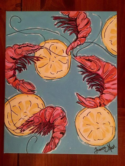 Shrimp and lemons acrylic canvas painting for kitchen Kitchen Painting Ideas Canvas Diy Art, Canvas Painting For Kitchen, Shrimp Painting, Sketch Book Painting, Painting For Kitchen, Book Painting, Acrylic Canvas Painting, Painting References, Kitchen Paint