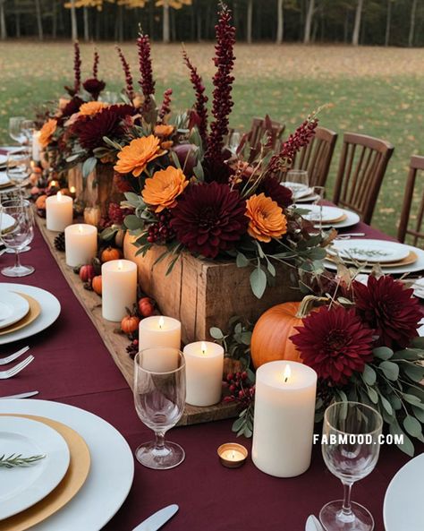 Fall Wedding Table Cloth Ideas, Burgandy Western Wedding, Red And Orange Fall Wedding, Fall Harvest Wedding Theme, Thanksgiving Wedding Decorations, Sweetheart Table Fall Wedding, Subtle Fall Wedding, Simple Fall Wedding Ideas, Mums Wedding Decor