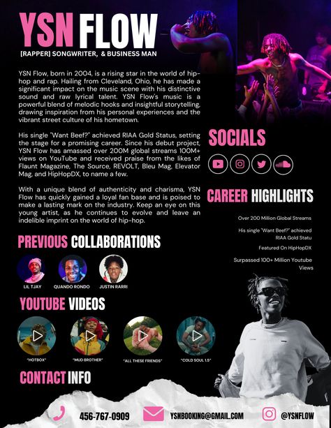 This 1-page electronic press kit template for bands, singers, and musicians is the perfect way to professionally introduce yourself to venues, festivals, press, and promotors ready to land the gig of your dreams! The media kit template for music artists includes an artist's bio, links to your music, photos, a summary of your past performances, and your contact details. You can input all of your own information, including your own photos, in this pre-made electronic press kit template. Artist Press Kit Design, Band Profile Design, Electronic Press Kit Musicians, Artist Epk Design, Electronic Press Kit Design, Epk Press Kit Music Template, Epk Press Kit Music, Press Kit Ideas Marketing, Press Release Design