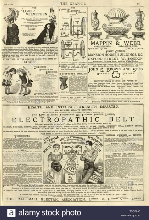 Page of victorian adverts from the Graphic Illustrated Newspaper, 1884, 19th Century. Electropathic belt Stock Photo 19th Century Newspaper, 19th Century Advertising, Victorian Newspaper Aesthetic, Victorian Newspaper Illustration, 1800s Newspaper, Victorian Stationary, Victorian Sketches, Victorian Newspaper, Victorian Era Aesthetic