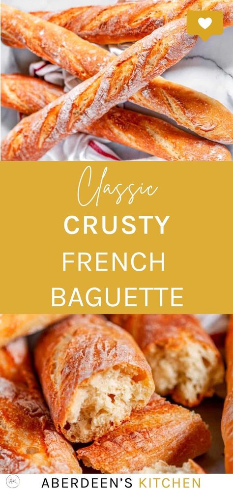 Did you know there are only 4 ingredients needed to make these Classic Crusty French Baguettes? Just 4! Baking flour, salt, yeast, and water. Try them today! Super easy French Bread Baguette, Baguette Dough In Bread Machine, Easiest Homemade Baguettes, Quick Easy French Bread Recipe, Classic Bread Recipes, Bread Maker Baguette Recipe, Easy Baguette Recipe Instant Yeast, Baguette Recipe Videos, Same Day Baguette Recipe