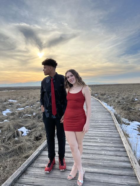 Dark Red Hoco Couple, Homecoming Couples Outfits Red, Homecoming Color Ideas For Couples, Black And Red Hoco Couple, Red And Black Hoco Couples, Black And Red Hoco, Homecoming Outfit Men, Red Homecoming Couple, Matching Hoco Couple