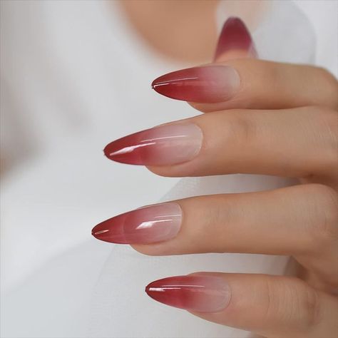 ELEVENAIL Medium Length Almond Press on False Nails Red Gradient French Fake Nails Salon Manicure Reusable Nails Art Tips DIY at home Nude Stiletto Nails, Ombre French Tip, Kiss Press On Nails, Nails Gradient, Pink French Nails, Nail White, Nail Kits, Long Almond, Long Press On Nails