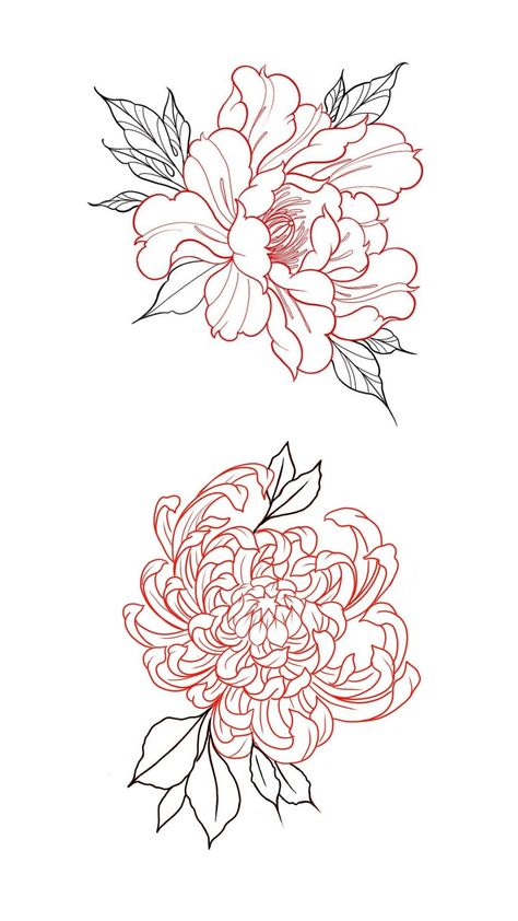 Japan Tattoo Flower, Japanese Style Tattoo Stencil, Japenses Tatoos Design Flowers, Japan Flower Drawing, Chrysanthemum Tattoo Neotraditional, Japanese Traditional Peony, Peony Flower Tattoos Drawings, Indian Flower Tattoo, Chrysanthemum And Peony Tattoo