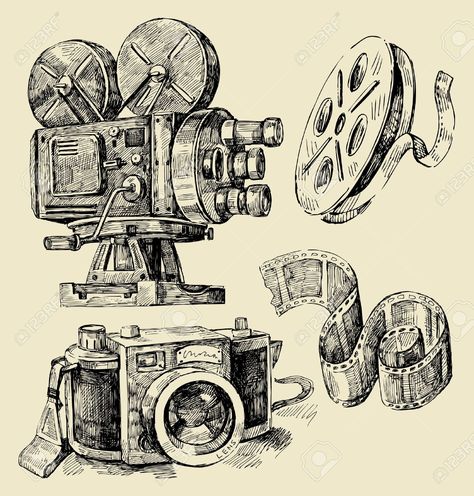 Vintage Camera Tattoos, Old Film Camera, Camera Tattoos, Camera Illustration, Film Equipment, Google Camera, Camera Drawing, Movie Tattoo, Movie Tattoos