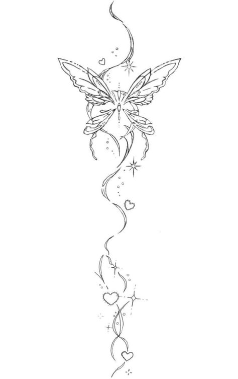 Fairy Spine Tattoos For Women, Cool Line Art Tattoo, Fairy Wing Spine Tattoo, Virgo Spine Tattoo, Spine Tattoo With Butterflies, Fairy Spine Tattoo, Y2k Spine Tattoo, Butterfly Spine Tattoos For Women, Butterfly Back Tattoo Spine