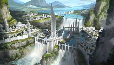 ArtStation - City, Donghee Han Elf City, Elven City, Fantasy Cities, Fantasy Locations, Fantasy Architecture, Fantasy Worlds, Fantasy Concept, Fantasy City, Fantasy Castle