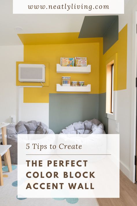 Colour Block Around Window, Asymmetrical Accent Wall Paint, Color Block Painting Walls Living Room, Paint Blocks On Wall, Colour Block Wall Painting Ideas, Asymmetrical Painted Wall, Play Room Painting Ideas, Colour Block Accent Wall, Bedroom Color Blocking