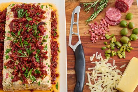 Italian-Inspired Cheese Loaf Italian Cheese Log, Cheese Loaf, Cheese Log, Steak Knife Set, Italian Cheese, Rosemary Sprigs, Ingredient Substitutions, Recipes Appetizers And Snacks, Cured Meats