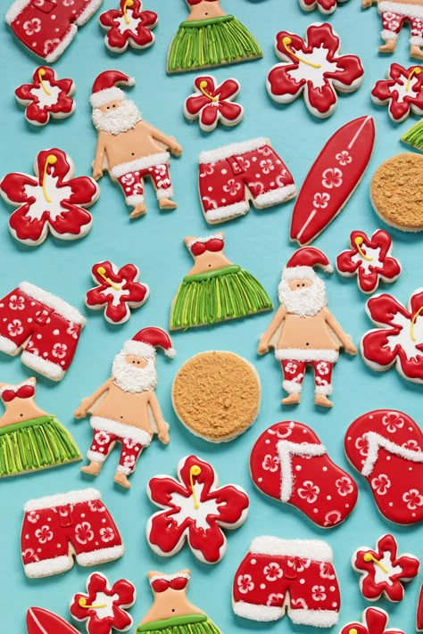 How to Make Mele Kalikimaka Cookies with a Video Tutorial via www.thebearfootbaker.com Christmas In July Birthday Party, Hawaiian Christmas Party, Cookie Paint, Christmas Luau, Aloha Christmas, Christmas In July Decorations, Hawaiian Santa, Christmas In Hawaii, Christmas In Florida