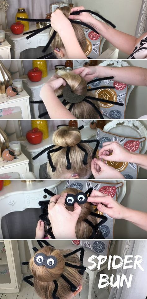 DIY Halloween Hairstyles Spider Hair Bun Tutorial Is Super Easy! Spider Hair Bun, Tutorial Chignon, Diy Halloween Spider, Sweethearts Hair Design, Spider Hair, Spider Costume, Hair Bun Tutorial, Wacky Hair Days, Bun Tutorial