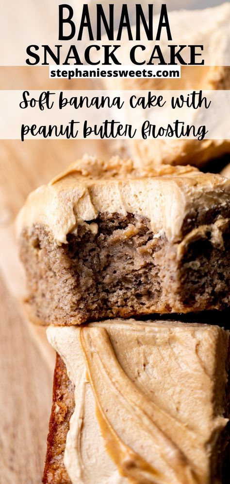 Healthy Banana And Peanut Butter Recipes, Chocolate Banana Peanut Butter Cake, Banana And Chocolate Cake Recipe, Banana Snacking Cake, Banana Bread With Peanut Butter Frosting, Banana Cake With Peanut Butter Icing, Banana Cake Peanut Butter Frosting, Peanut Butter Banana Dessert Recipes, Easy Recipes Using Bananas