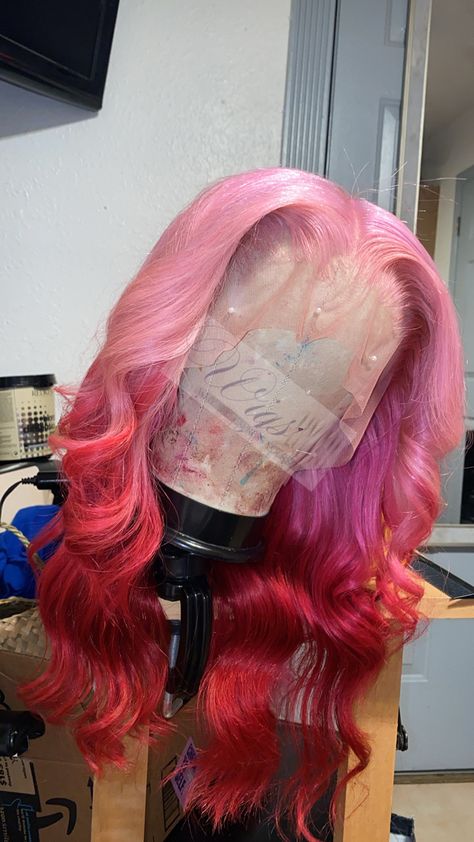 Red Pink Ombre Hair, Pink To Red Ombre Hair, Pink And Red Wig, Pink Wig Brown Roots, Pink Ombre Wigs, Pink Ombré Wig, Pink And Red Ombré Wig, Red Ombre Wig, Pink Ombre Lace Front Wig