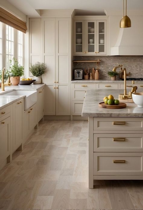 White And Brass Kitchen Ideas, Dream Home Makeover Kitchen, Cream And Brass Kitchen, Cream Kitchen Green Island, Beige Country Kitchen, Irish Cream Kitchen Cabinets, Classic Italian Kitchen, Neutral Kitchen Ideas Decor, Timeless Traditional Kitchen