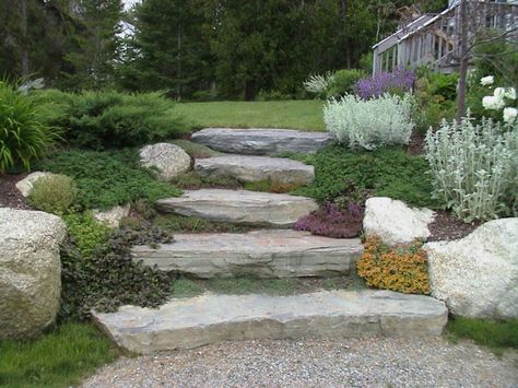 stone steps Landscape Gravel, Decorative Rock Landscaping, Flagstone Steps, Cheap Raised Garden Beds, Landscape Steps, Decorative Gravel, Alpine Garden, Stone Landscaping, Stone Stairs