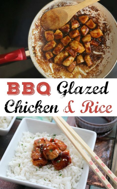 BBQ Glazed Chicken and Rice | Scrappy Geek Chicken And Rice Dinner Ideas, Bbq Chicken And Rice, Bbq Glazed Chicken, Rice Dinner Ideas, Chicken And Rice Dinner, Bbq Chicken Bites, Easy Bbq Chicken, Chicken And Rice Recipe, Chicken Over Rice