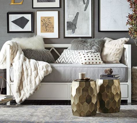 Clara Lattice Storage Daybed || living room decor || spare bedroom || cozy || minimalist || art deco home furniture || affiliate Hexagon Garden, Wall Pottery, Daybed Mattress Cover, Divan Cama, Daybed Room, Daybed Mattress, Accent Stool, Daybed With Storage, Fur Pillow