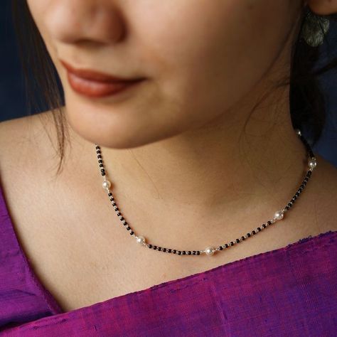 Silver And Pearl Bracelets, Black Beads With Pearls, Silver Black Beads Mangalsutra, Pearl Mangalsutra Designs, Daily Wear Chains Gold Indian, Black Beads Mangalsutra Design Simple, Blackbeads Mangalsutra Designs, Daily Wear Mangalsutra Designs, Beads Chains Designs