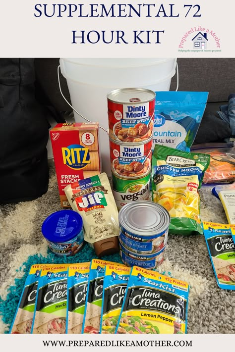 We keep a 5 gallon bucket near our 72 hour kits to have for washing laundry, dishes, to sit on, etc. Instead of letting empty space go to waste we keep extra food in it. Food For Emergency Kit, 72 Hour Food Kits Ideas, Meals For Power Outage, Go Bags Emergency 72 Hour Kits, 72 Hour Kits Checklist, Tornado Preparedness Kit, Power Outage Meals, Power Outage Food, 72 Hour Kit Food