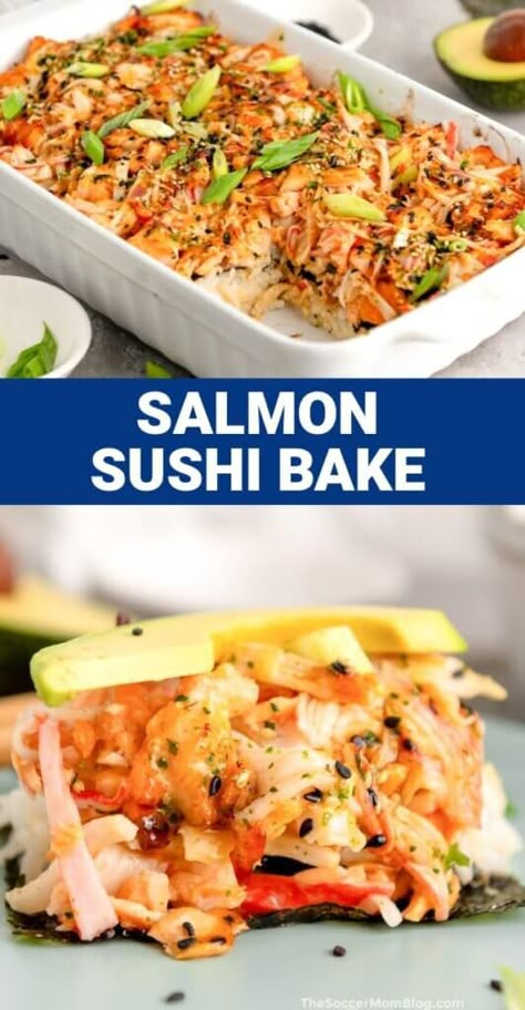 Baked Sushi Recipe, Salmon Sushi Bake, Deconstructed Sushi, College Dinners, Spicy Salmon Sushi, Salmon Bake, Traditional Sushi, Sushi Rice Recipes, Sushi Bowls